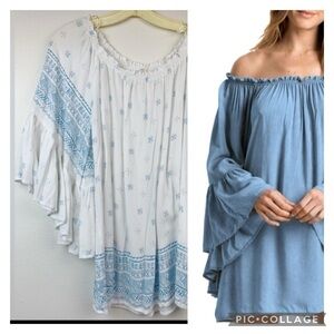 Elan soft lightweight off shoulder beachy flare sleeve tunic blouse mini dress